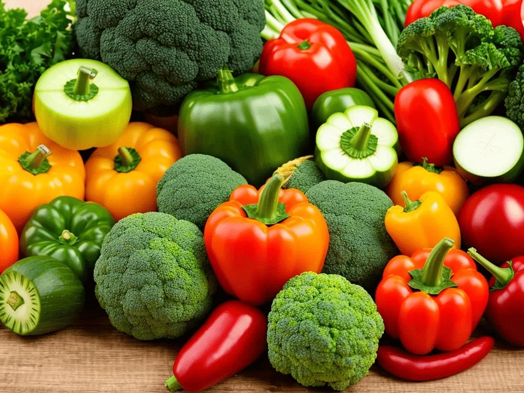 Gesund und glücklich dargestellt mit vielen verschiedenen Gemüsen