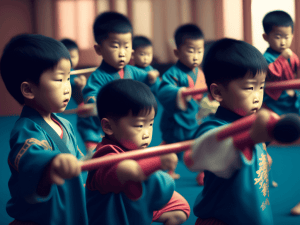 Kinder Kung Fu mit vielen chinesischen Kindern auf dem Bild