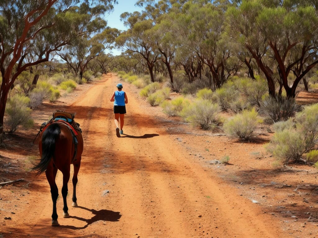Eine Frau mit Pferd im Australien im Outback im Dauerlaufrennen